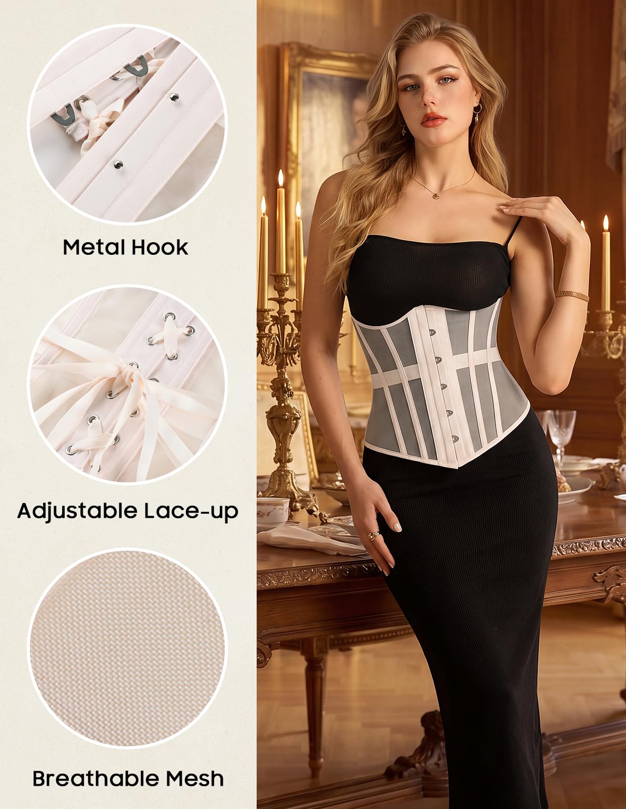 Scarlet Darkness Corset Belt for Women Renaissance Boned Underbust Corset Mesh Wide Waist Belt Apricot Size 10