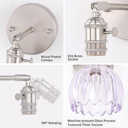 Vintage 5000 mAh Battery Operated Wall Sconce with Translucent Purple Tulip Glass Lampshade Rechargeable Battery Powered Wall Light with Remote Control for Bedroom Doorway, Set of 2