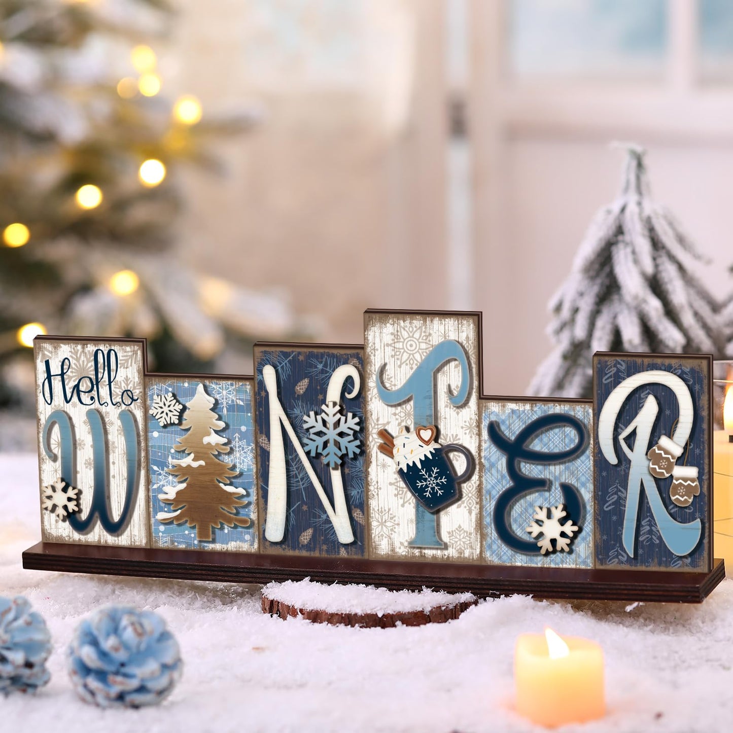 Amyhill Winter Table Decoration Snowman Christmas Decor Reversible Winter Table Centerpiece Christmas Tiered Tray Decor Decorative Block Signs Farmhouse for Wonderland Party Home Kitchen Shelf