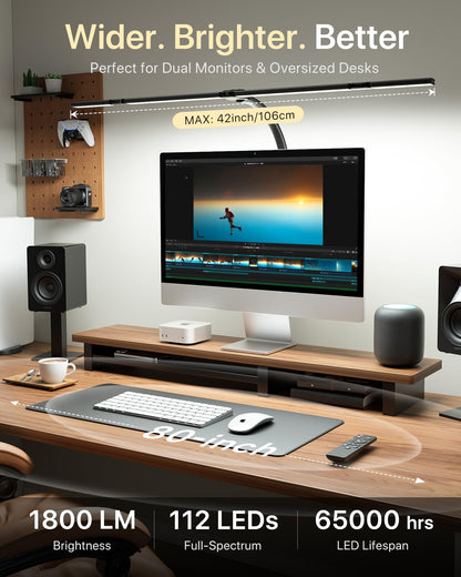 ONEMIX 42" LED Desk Lamp with Clamp, Architect Desk Light with Remote, Adjustable 4-Segment Bar, 1800LM Bright, Eye-Caring Desk Lamp for Home Office, Reading, Study, Dual Monitors, Workbench(Black)