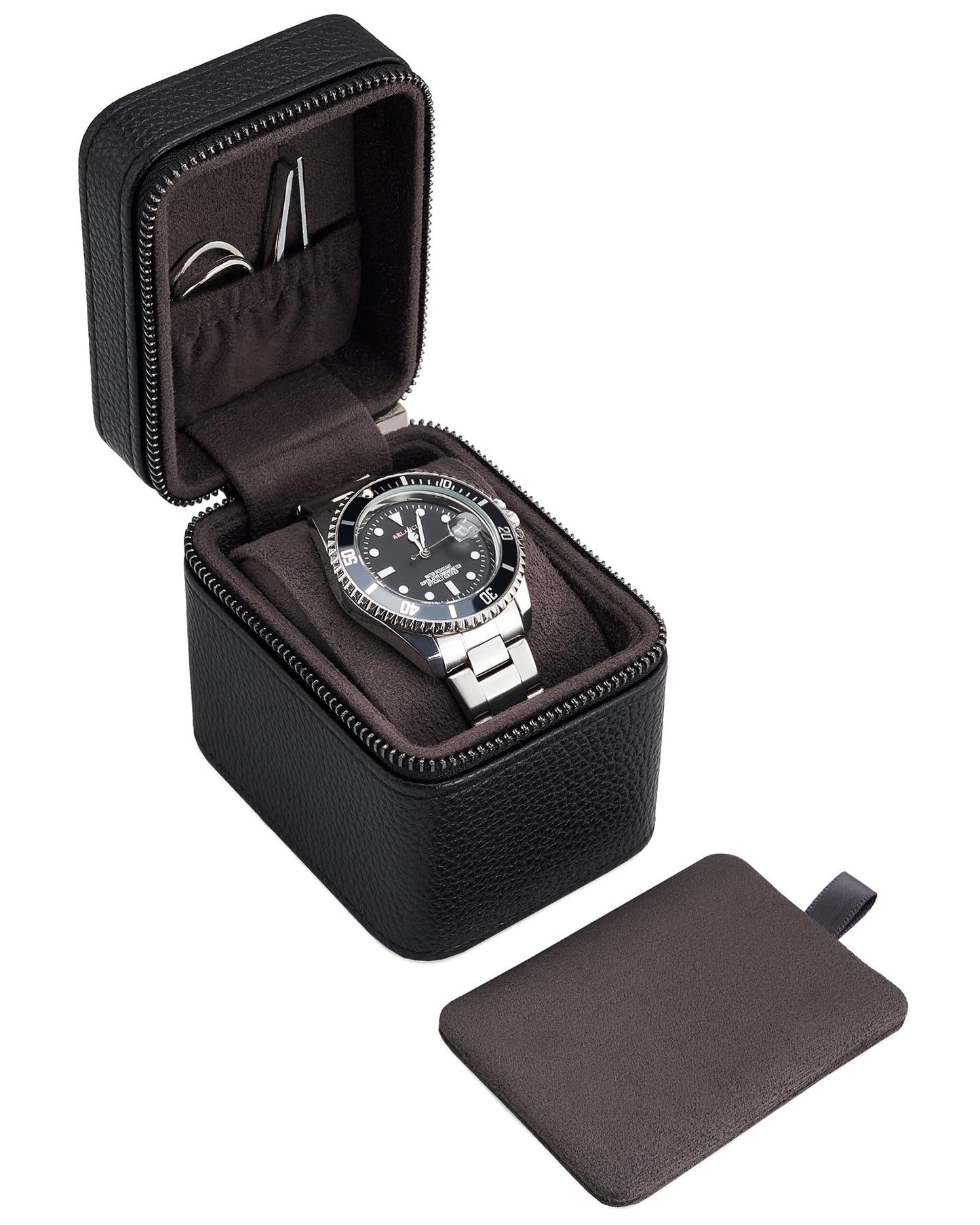 ProCase Single Watch Travel Case for Men, PU Leather Portable Watch Holder, Compact Small Carrying Storage Box for Luxury Watches & Smartwatches with Jewelry Compartment, Fathers Day Gift -Black
