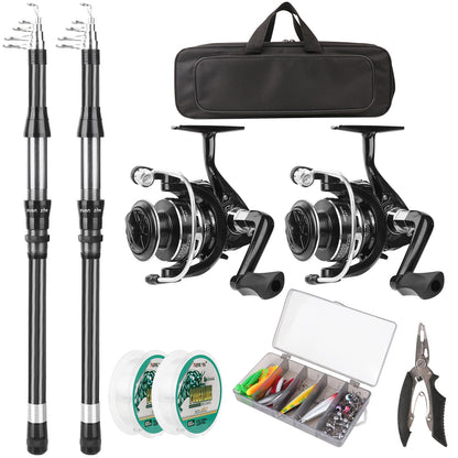Fishing Rod Reel Combo - 2PCS 6.89ft Telescopic Fishing Poles 2PCS Spinning Reels Lures Set Fishing Pliers with Carrier Bag for Travel Saltwater Freshwater Gift Portable Fishing Pole Kit (Black 1)