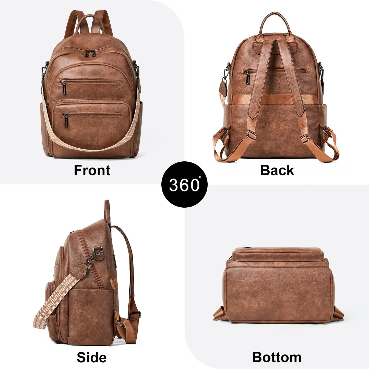 LATMAP Backpack Purse for Women Laptop Backpack, Leather Travel Backpack Shoulder Bag Teacher College Daypack Work Handbag fits 14" Laptop-Brown