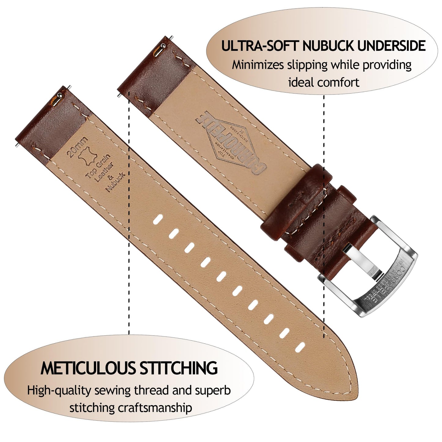 CORROPELLE Leather Watch Bands Quick Release, Elegant Top Grain Leather Watch Straps Band Replacement for Men and Women, Watch and Smartwatch, Choice of Width 18mm 19mm 20mm 21mm 22mm