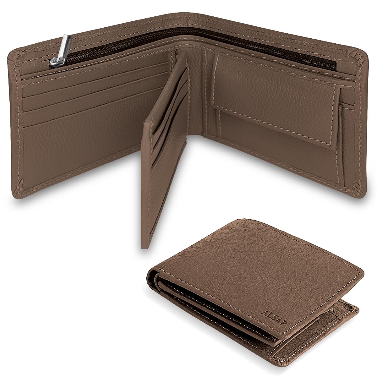 ALSAP Premium Leather Mens Wallets ‒ RFID Blocking Wallet with Coin Pocket & Zip ‒ Bifold Wallets for Men with 12 Card Slots & 2 Bank Note Compartments ‒ Wallet with Gift Box (Brown)