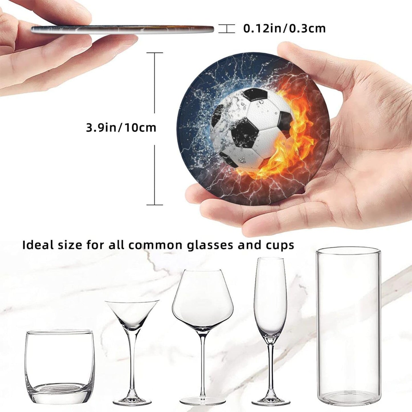 BOXIMIAO Drink Coasters with Holder Stand Set of 6, Soccer Fire Water Pu Leather Absorbent Coasters with Cork Base Table Coaster Round Coasters for Housewarming Apartment Kitchen Bar Decor