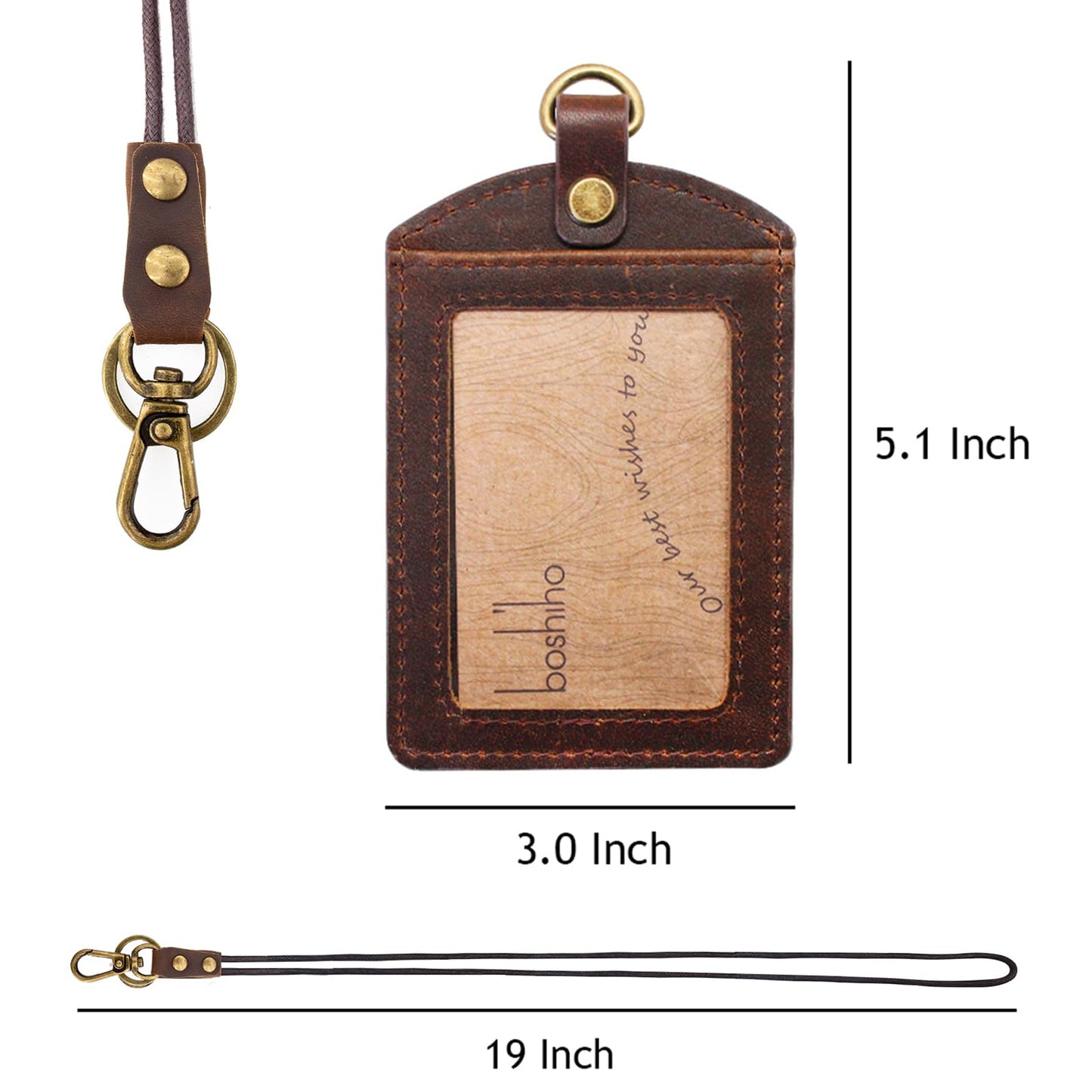 Badge Holder: Boshiho Cowhide Leather ID Badge Card Holder with 19" Neck Lanyard, Vertical Style (Dark Brown)