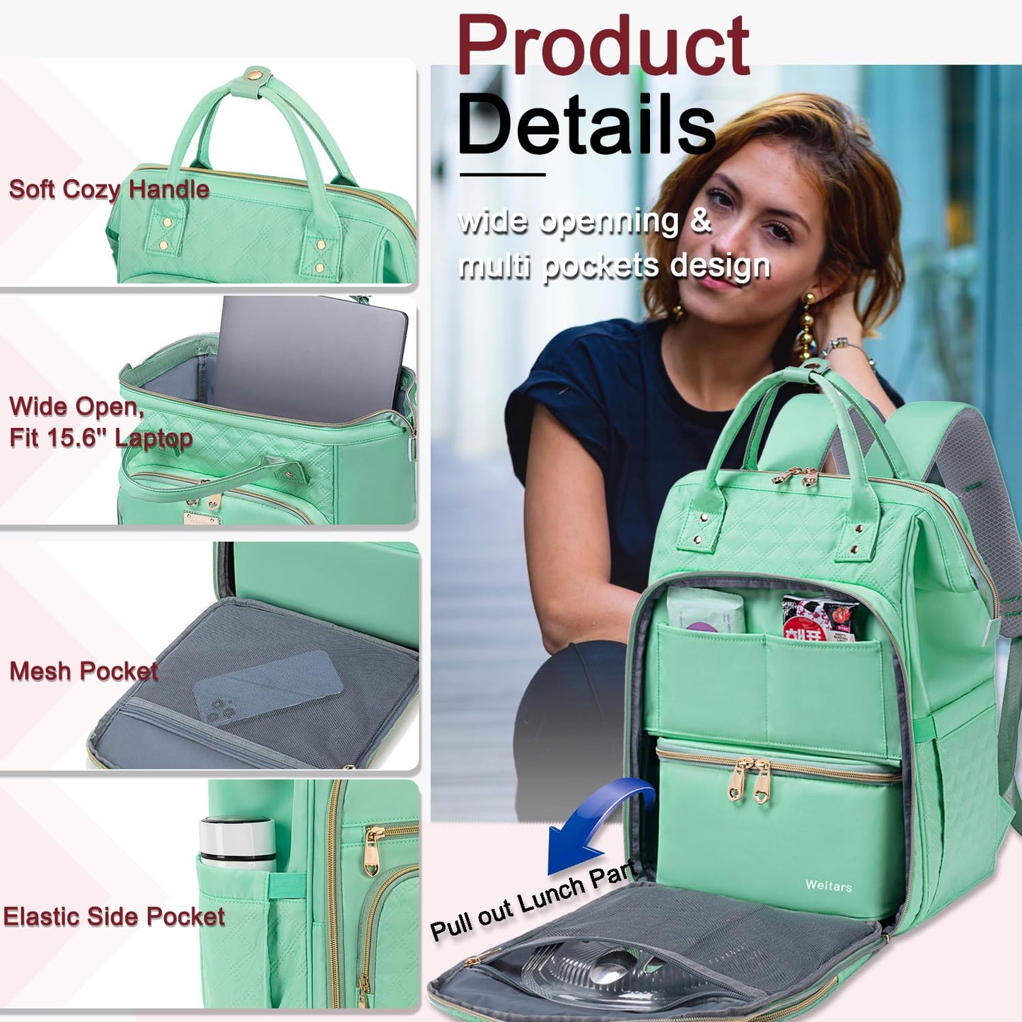 Weitars Lunch Backpack For Women,15.6 Inch Laptop Backpacks For Womens Back pack, Travel Backpacks,Work Backpack For Women (LightGreen)