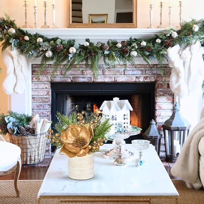 DILATATA 10 inch Gold Christmas Table Centerpiece with 5" Glitter Magnolia Flower Berries Fir Greenery Artificial Floral Centerpiece in Silver Ceramic Pot for Christmas Tabletop Arrangement