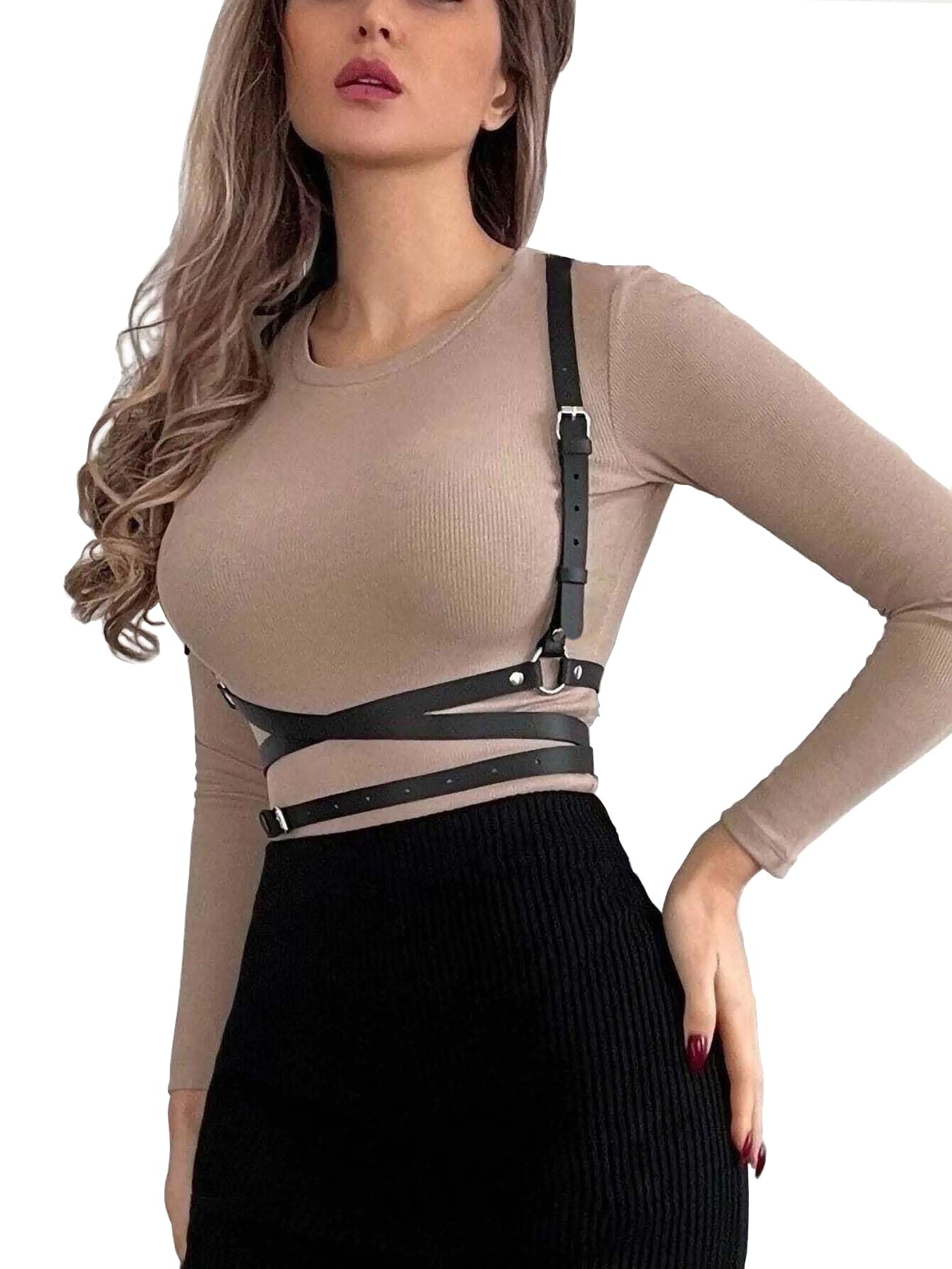 WARANDOD Leather Harness for Women Fashion Goth Chest Pu Black Harness Top Body Punk Belt Adjustable Waist Belts Rave Cosplay Halloween Accessories(Fits Waist 25-30in)
