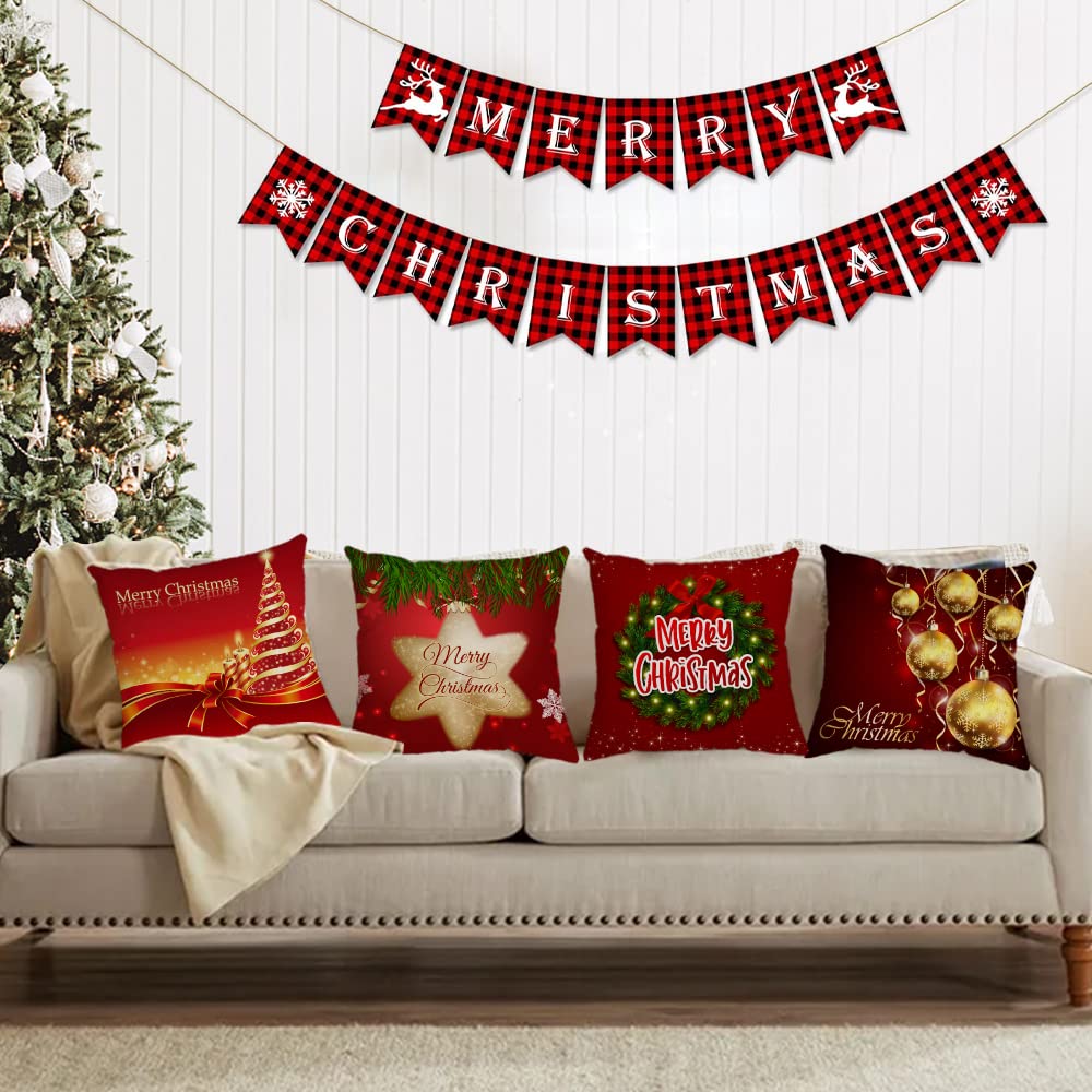 Set of 4 Christmas Pillow Covers 18x18 Inch Xmas Pillow Cases Velvet Throw Pillow Covers Red Gold Winter Holiday Cushion Covers Outdoor Couch Sofa Home Decorations for New Year