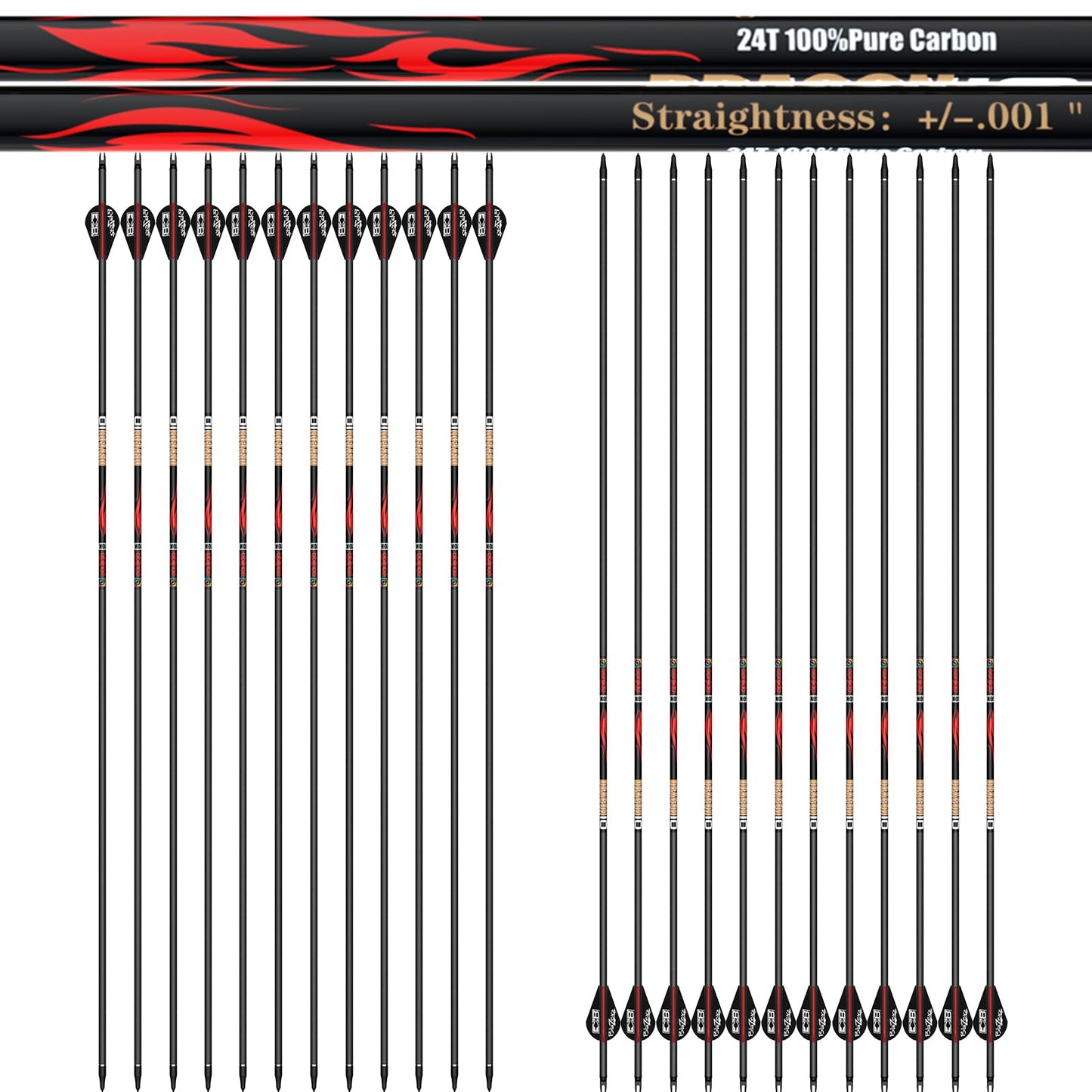 sanlida Dragon 9 12 Pack 100% Pure Carbon Hunting Arrows, 32" Arrows for Compound Bow, Olympic-Grade 10-Spine Precision, ±0.003" Straightness, 0.244" ID, 3" Vanes (470 Spine)