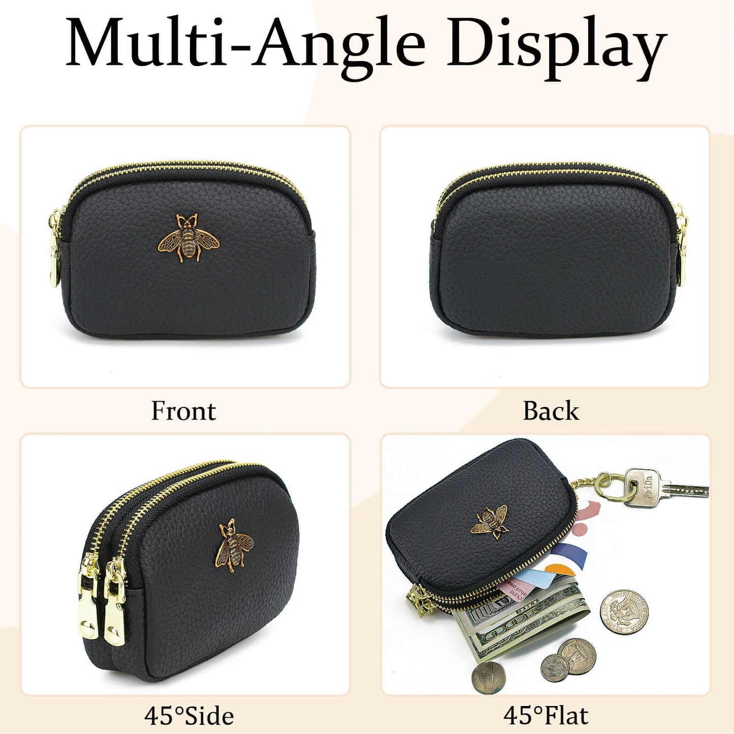 WOZEAH Leather Coin Purse for Women Small 2 Zipper Change Wallet with Key Ring Card Key Coin Cash Holder Pouch(Black)