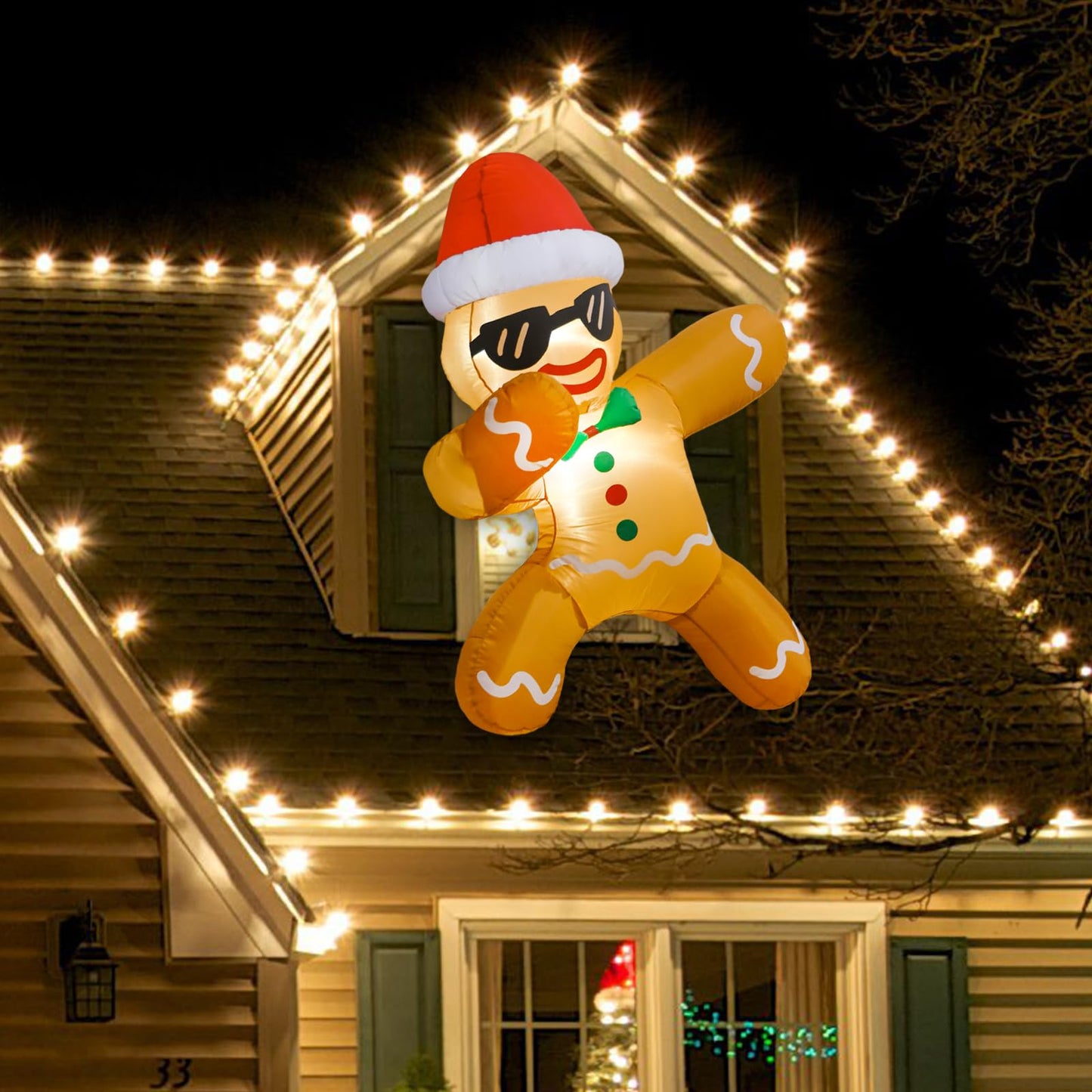 CYAOOI 3.5 FT Inflatables Gingerbread Man Christmas Decorations Outdoor, Funny Gingerbread Inflatable with Xmas Hat Broke Out from Window, Christmas Blow Up with LEDs for Indoor Outside Garden Decor