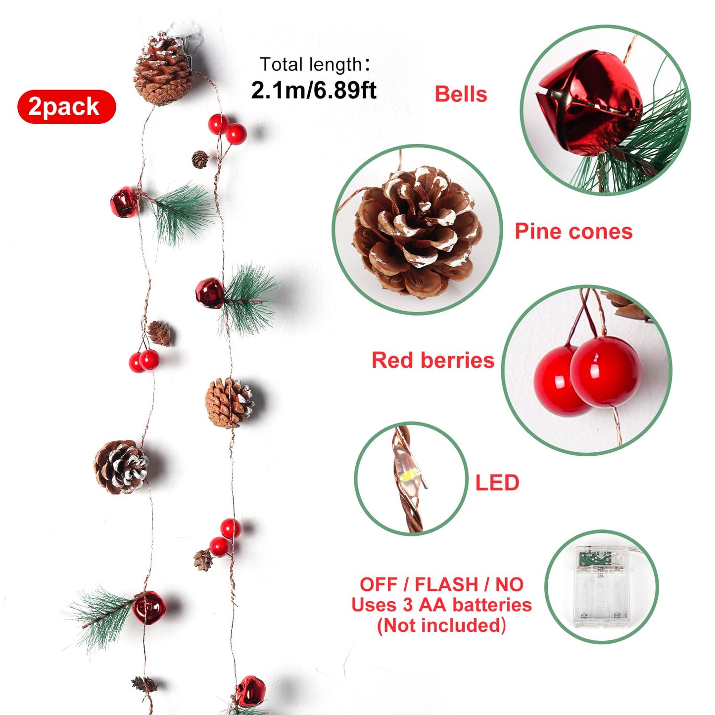 RECUTMS Christmas Garland Decoration with Lights,2PCS 7FT 20LED Pine Cone Red Berry Bell Battery Operated Christma String Light, Lighted Up Pinecone Vine Indoor Xmas Tree New Year Holiday Party Decor