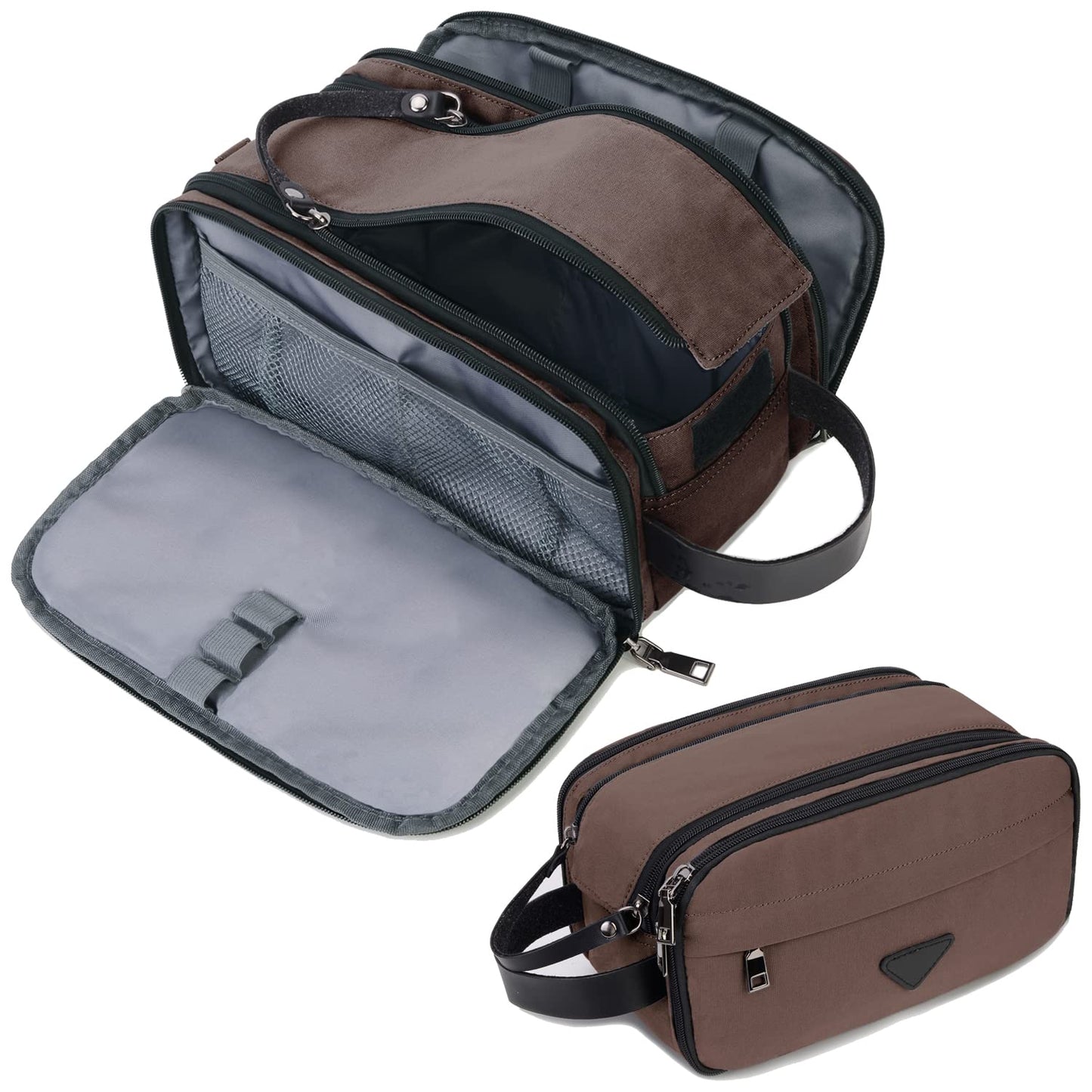 CROCOD Toiletry Bag for Men - Water-Resistant Oxford Travel Organizer Dopp Kit with Double Zippers, Padded Shaving Bag for Bathroom, Gym, Dorm - Multi-Function Cosmetic Storage Bag (Brown)