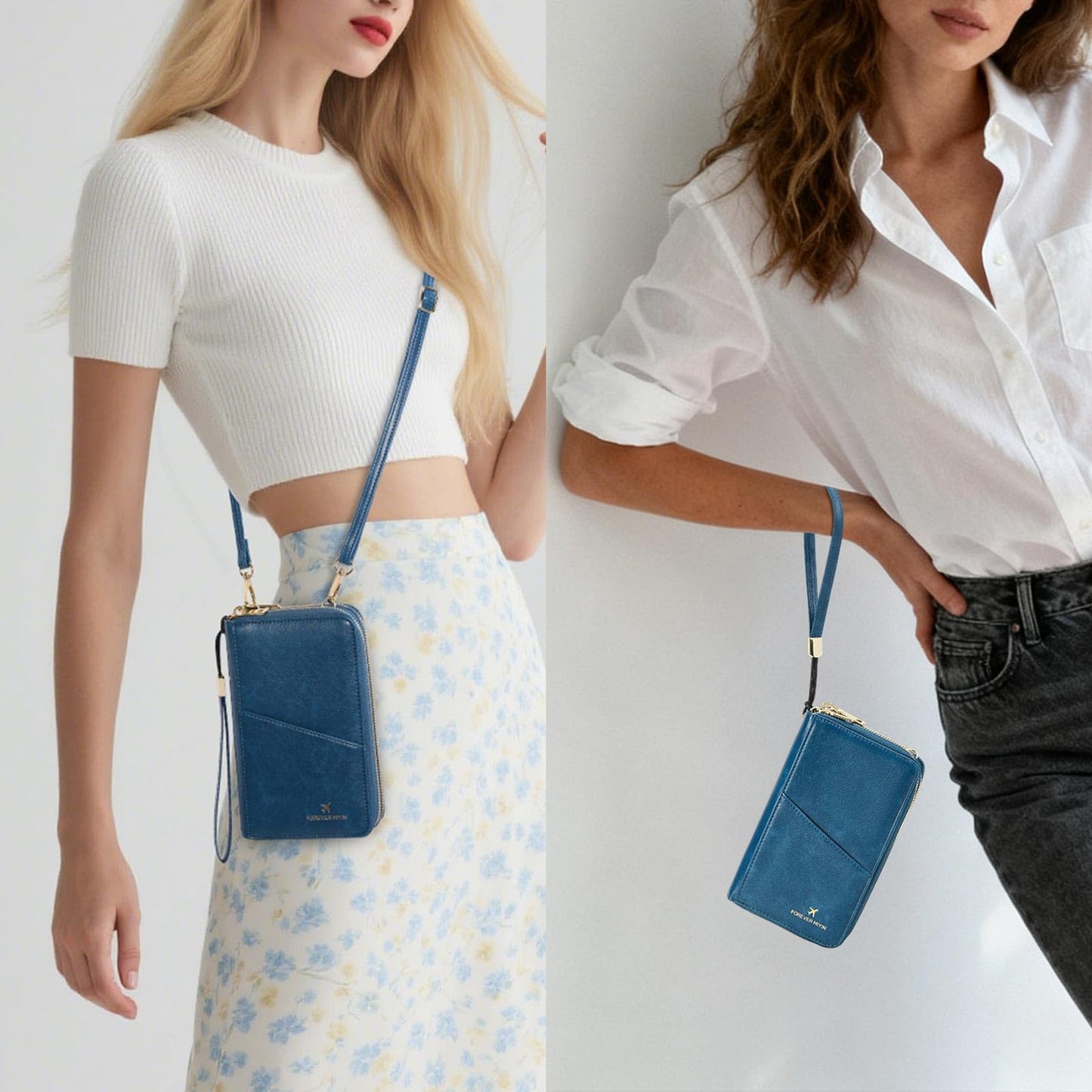 GOIACII Passport Wallet Travel Crossbody Bags for Women Wristlet Phone Purse Double Zip Vegan Leather Blue