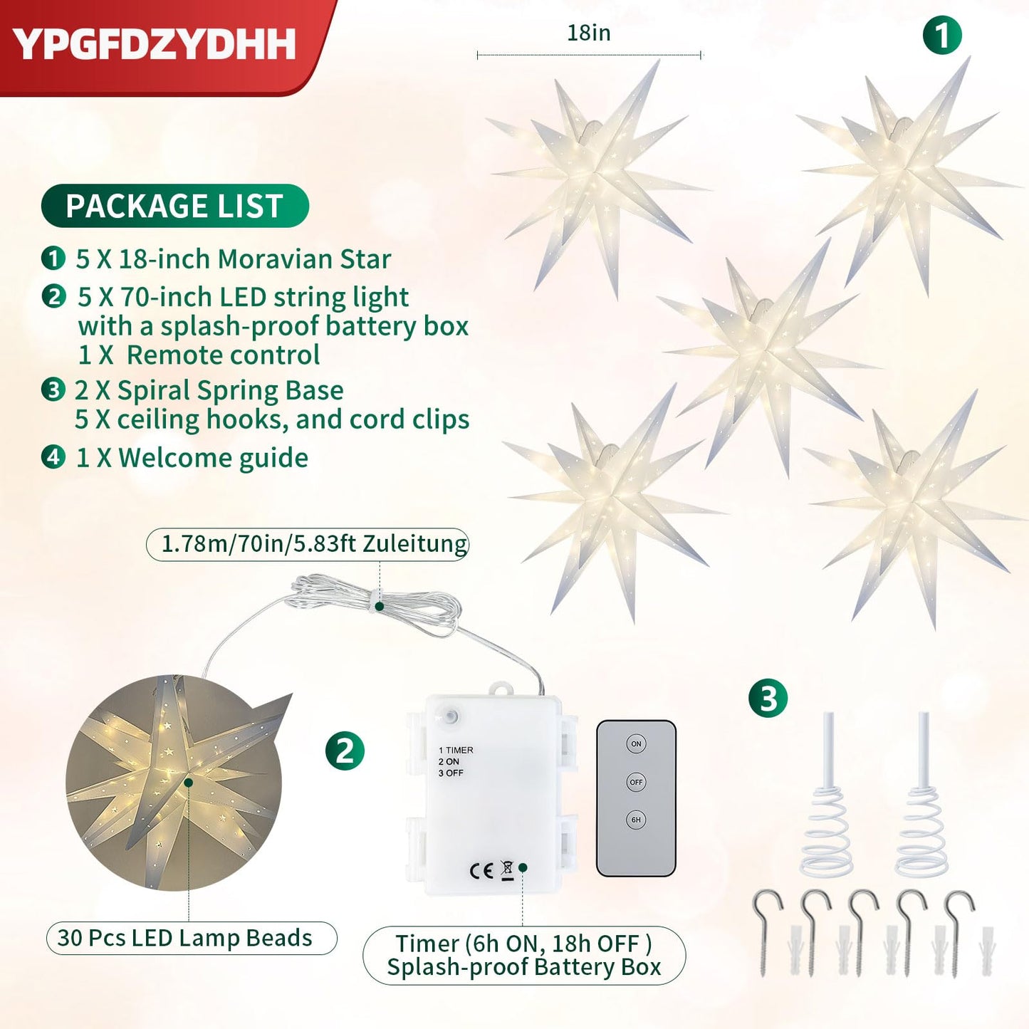 YPGFDZYDHH 5 Pack 18" Moravian Star Outdoor Light, Moravian Star Christmas Tree Topper Lighted Battery Operated, Remote Control Hanging Outdoor Star Light for Advent Courtyard, Porch-White Cutout