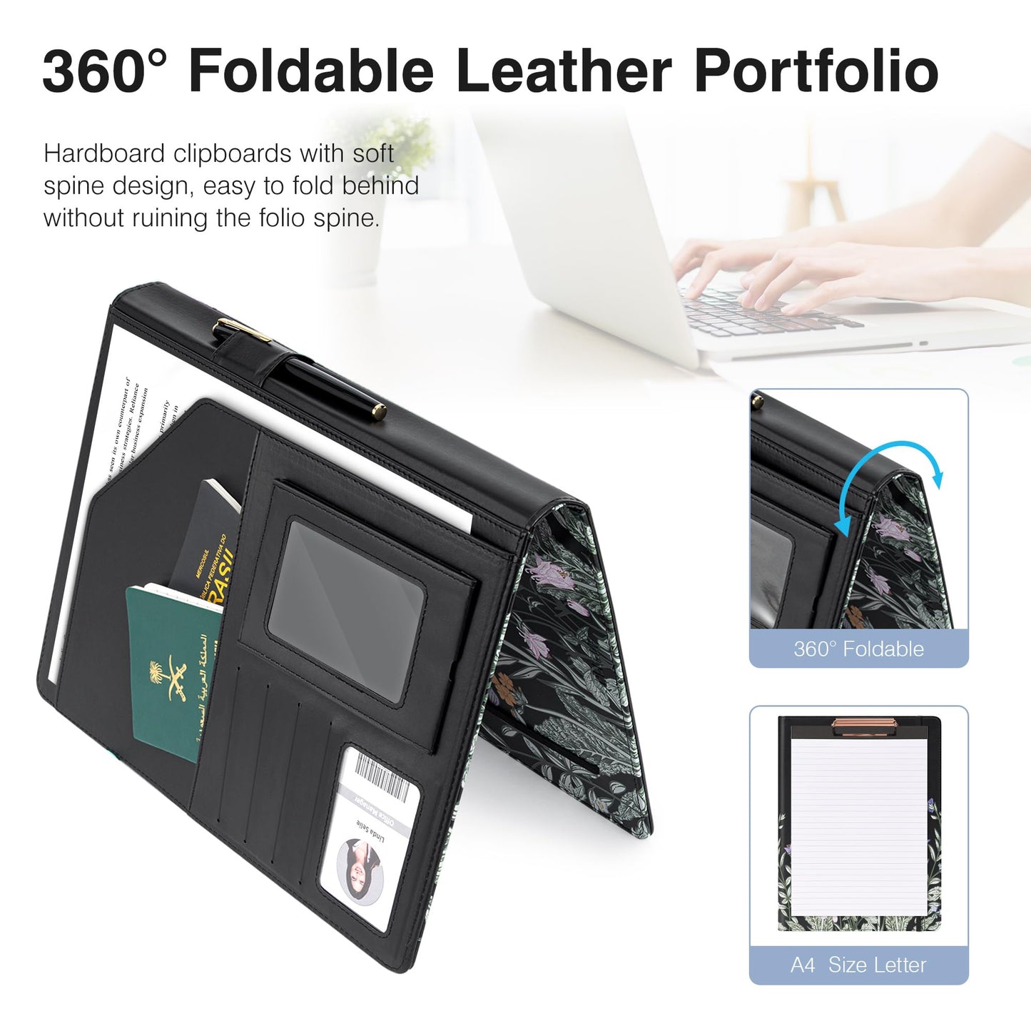 Ospelelf Foldable Leather Clipboard Padfolio with Notepad 8.5 x 11, Business Clipboard Portfolio Organizer, Flowers