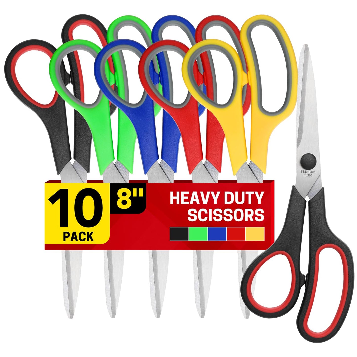 BURVAGY 8" 10 Pack All Purpose Heavy Duty Scissors- Comfort-Grip Sharp Scissors for Office School Sewing Fabric Craft High/Middle School Student Teacher Scissor, Right/Left Hand