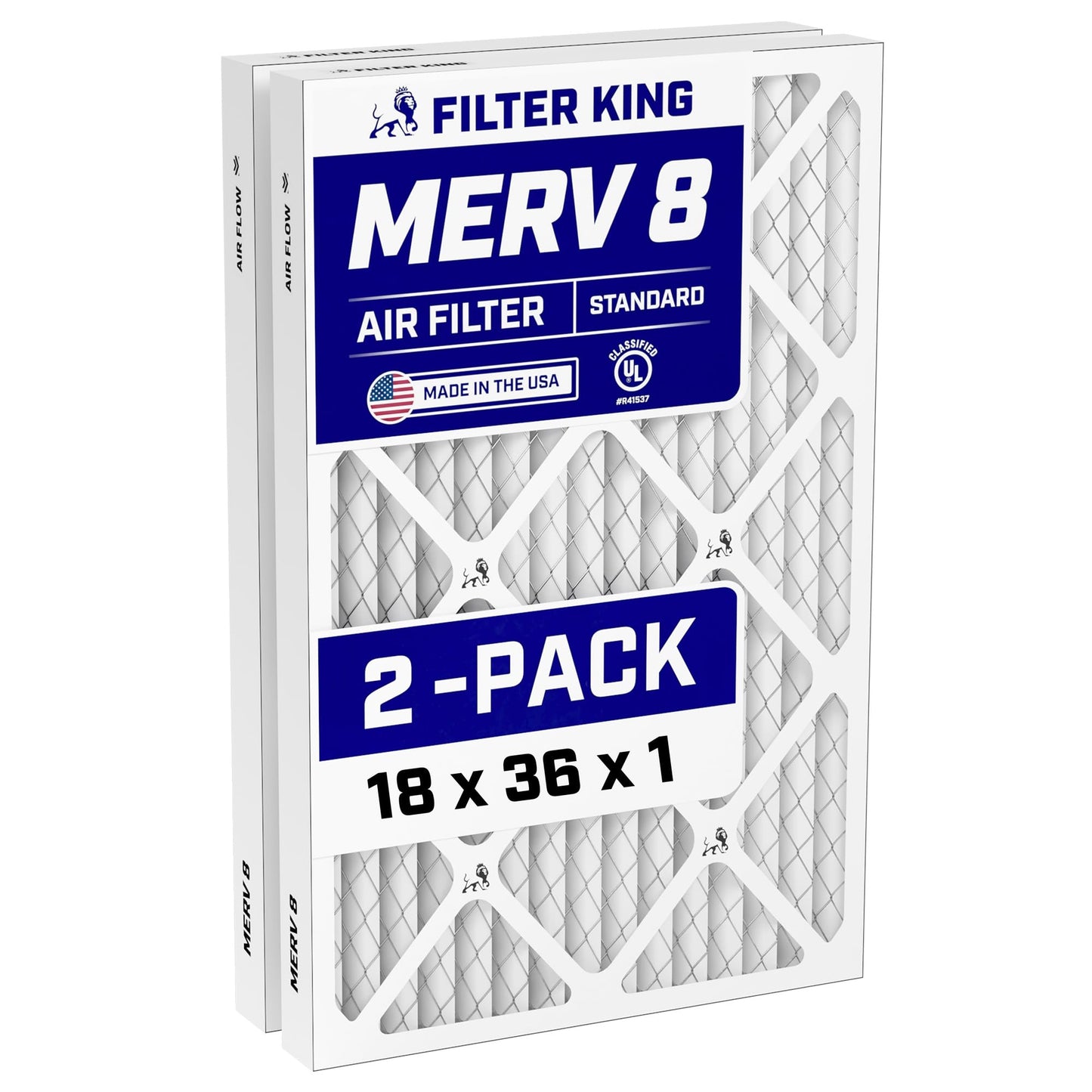 Filter King 18x36x1 Air Filter (MERV 8) (2-Pack) Dust & Allergy Control AC Furnace Filters, MADE IN USA, HVAC, Pleated, Electrostatic (Actual Size: 17.5 x 35.5 x .75)