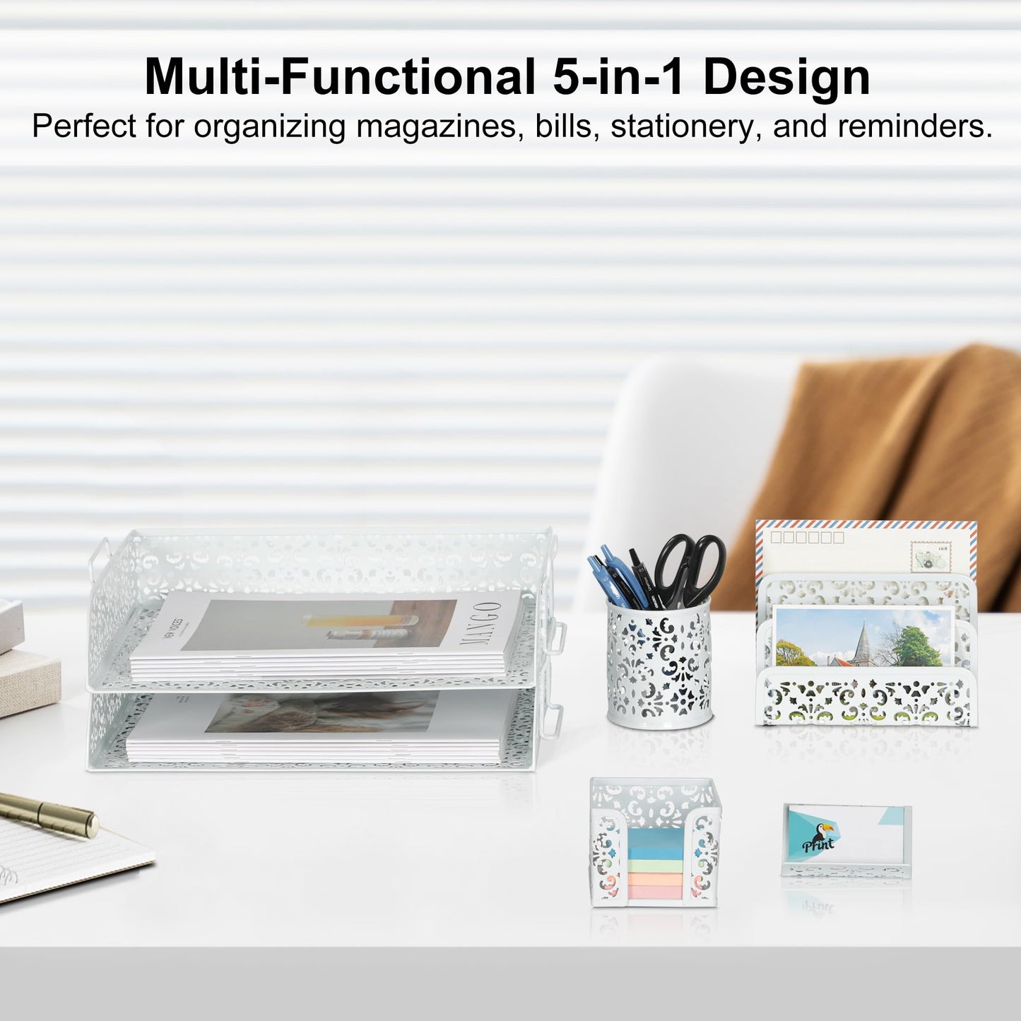 EasyPAG Desk Organizers and Accessories 5 Pieces Office Supplies Set - 2 Tier Paper Tray, Pencil Organizer for Desk, Mail Sorter Countertop, Business Card Holder and Sticky Note Holder, White