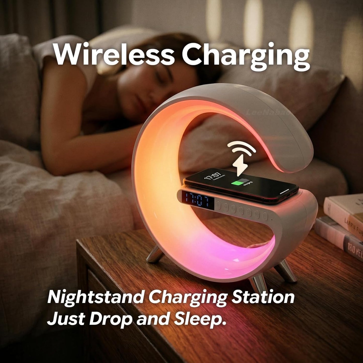Smart LED Table Lamp,4-in-1 Wireless Charger with Speaker,Night Light, Alarm Clock, and Bluetooth Speaker with App Control, Ideal Gifts for Home, Office, Christmas(White)