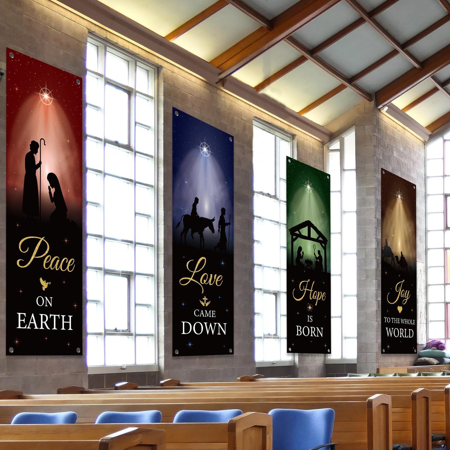4Pcs Welcome Religious Easter Banners for Church Sanctuary Wall - Hanging Backdrop Nativity Scene Banner Scripture - Easter Porch Signs for School Nativity Decor