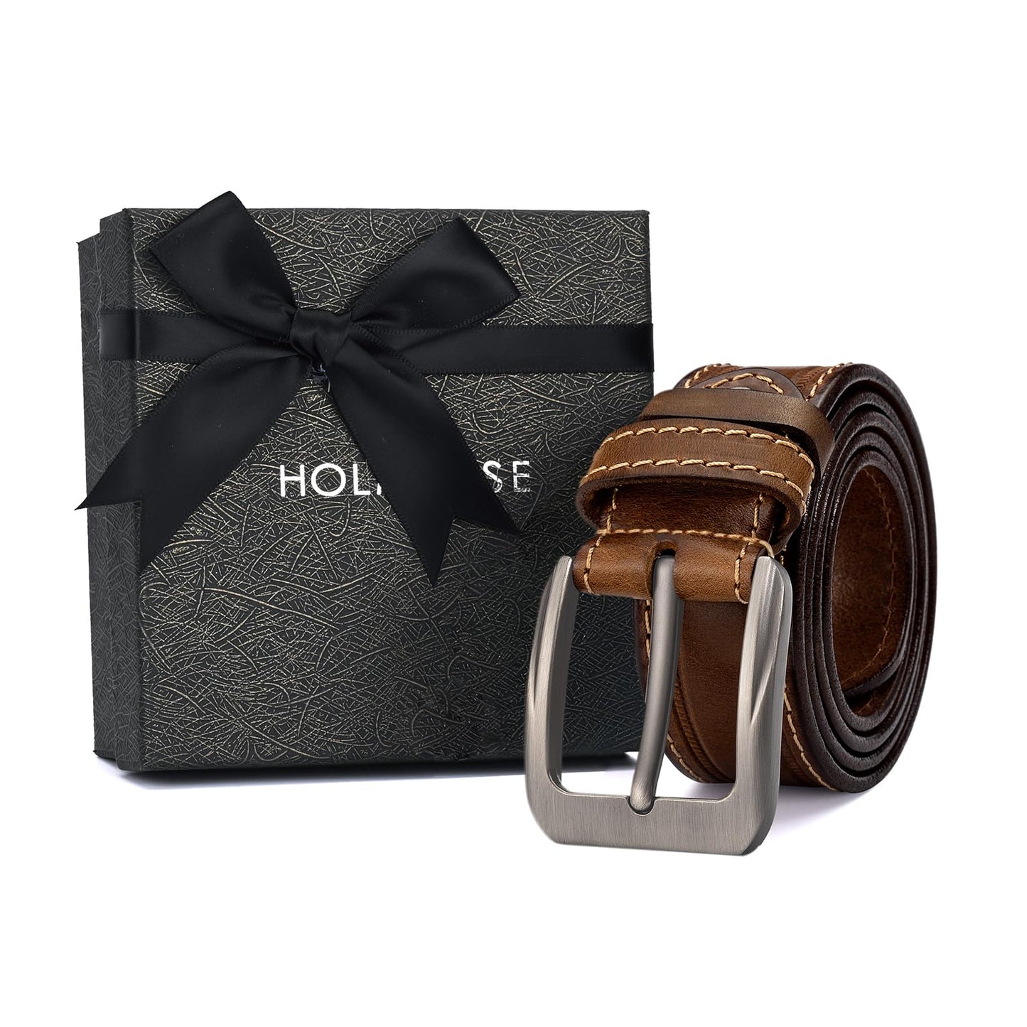 HOLMANSE Italian Full Grain Leather Belt for Men Western Cowboy Casual Jean Belt 1.5 Wide 7 Holes Gift Box Packaging (Full Grain Leather/Brown, Belt Size 36 / Pants Size 34)