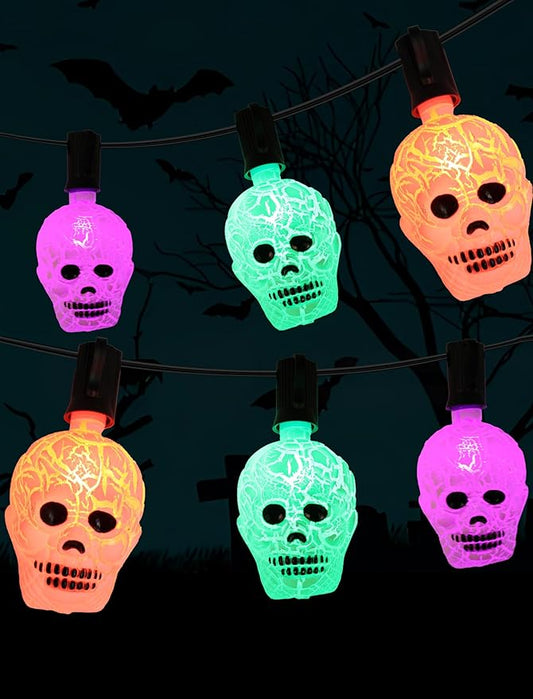 10.5ft Halloween Skull Lights Plug In, UL Certified Connectable String Lights for Outdoor Indoor Halloween Decor, Waterproof Spooky Decorations with Spare Bulb & Clips for Yard, Party, Porch