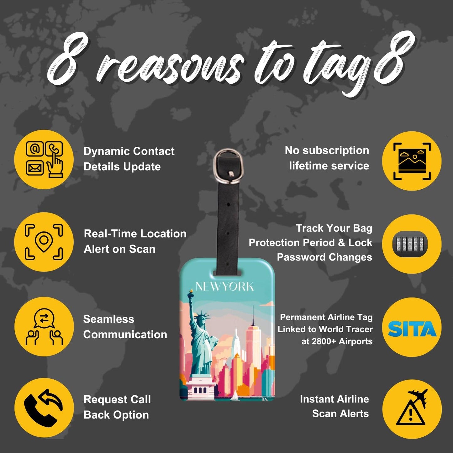 [Pack 2] tag8 New York City Smart Luggage tag |Trendy Luggage tag ID Identification, Fashionable Digital Name tag | Airline Compliant, SITA World Tracer Code Enabled | Gift idea