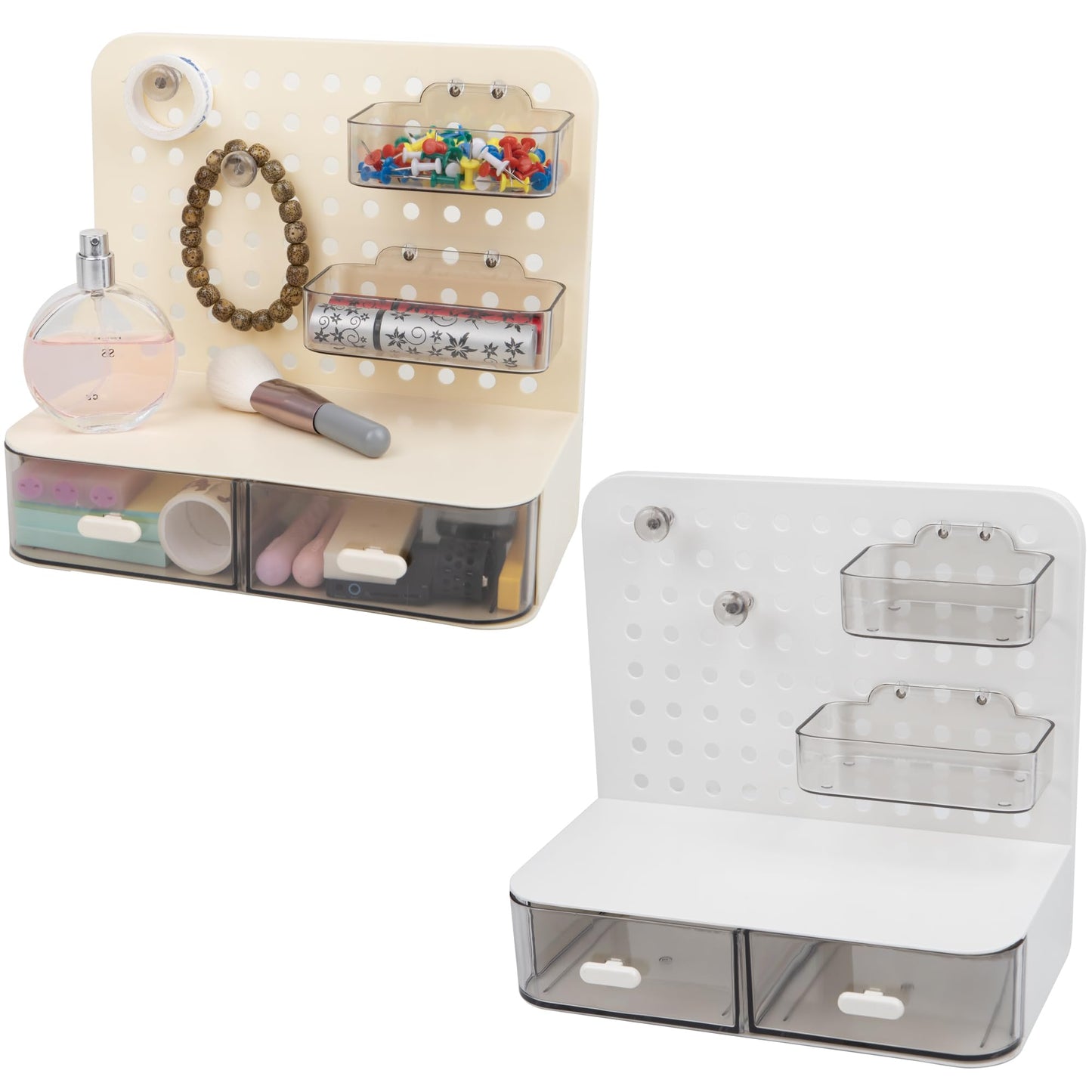 Umbrotiger Pegboard Desk Organizer with Drawers and Hooks 2-Pack - Yellow and White Storage Box for Office, Study Room, Dorm, Craft Room & Vanity | Multifunctional Small Space Solution