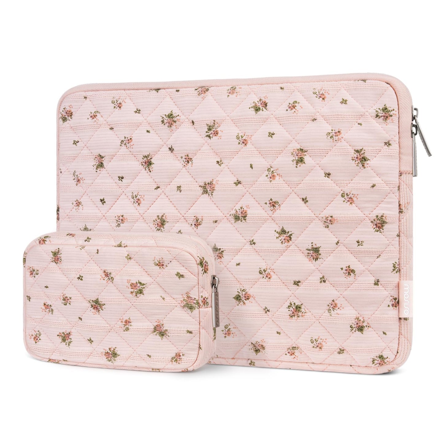 MOSISO 13-14 inch Laptop Case, 13.3 inch Puffy Laptop Sleeve Compatible with MacBook Air 13.6 M4 M3 M2 M1/Pro 13/Pro 14, HP Dell ASUS Lenovo, Square Quilted Carrying Bag with Small Case,Roseate Petals