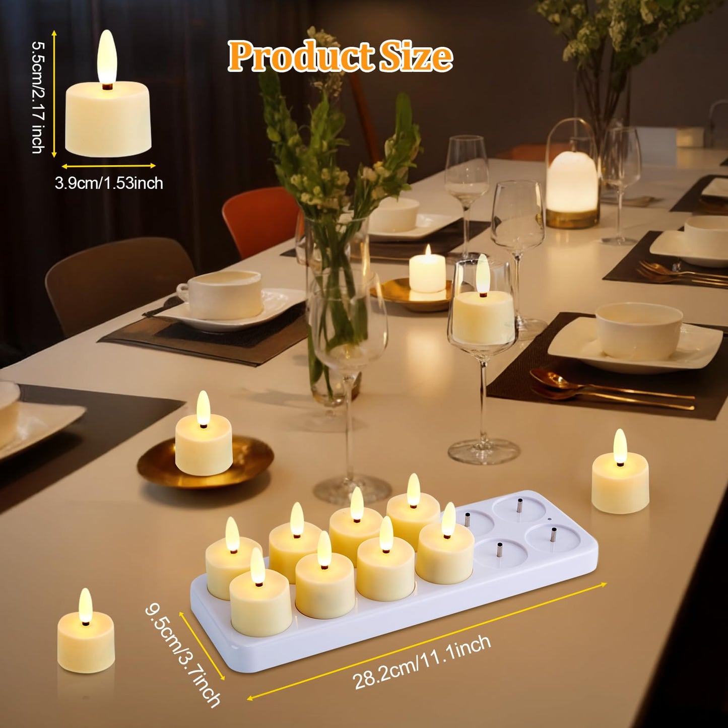 IMAGE 12-Pack Rechargeable Flameless Tea Lights with Charging Base Remote & Timer, Realistic 3D Flickering LED Candles for Home Decor, Weddings, Halloween and Christmas(1.53" x 2.17")