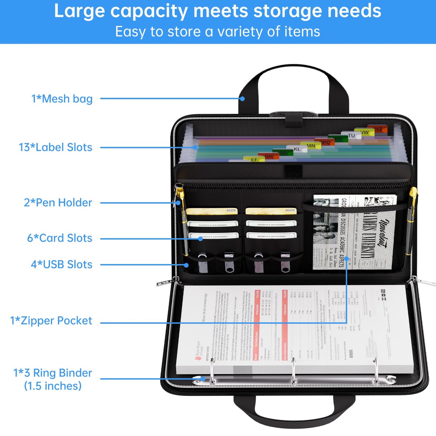 Tamfile Accordion File Organizer with Combination Lock, Fireproof Water 3 Ring Binder, 13 Pocket Expanding File Folder with Labels, Multi Pockets Document Organizer for Letter A4 Files (Black)