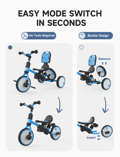 besrey 5-in-1 Toddler Tricycle with Push Handle, Grow with Me Kids Trike for 1-3 Years, Balance Bike & Tricycle, Adjustable Parent Steering, Safety Seat with Backrest