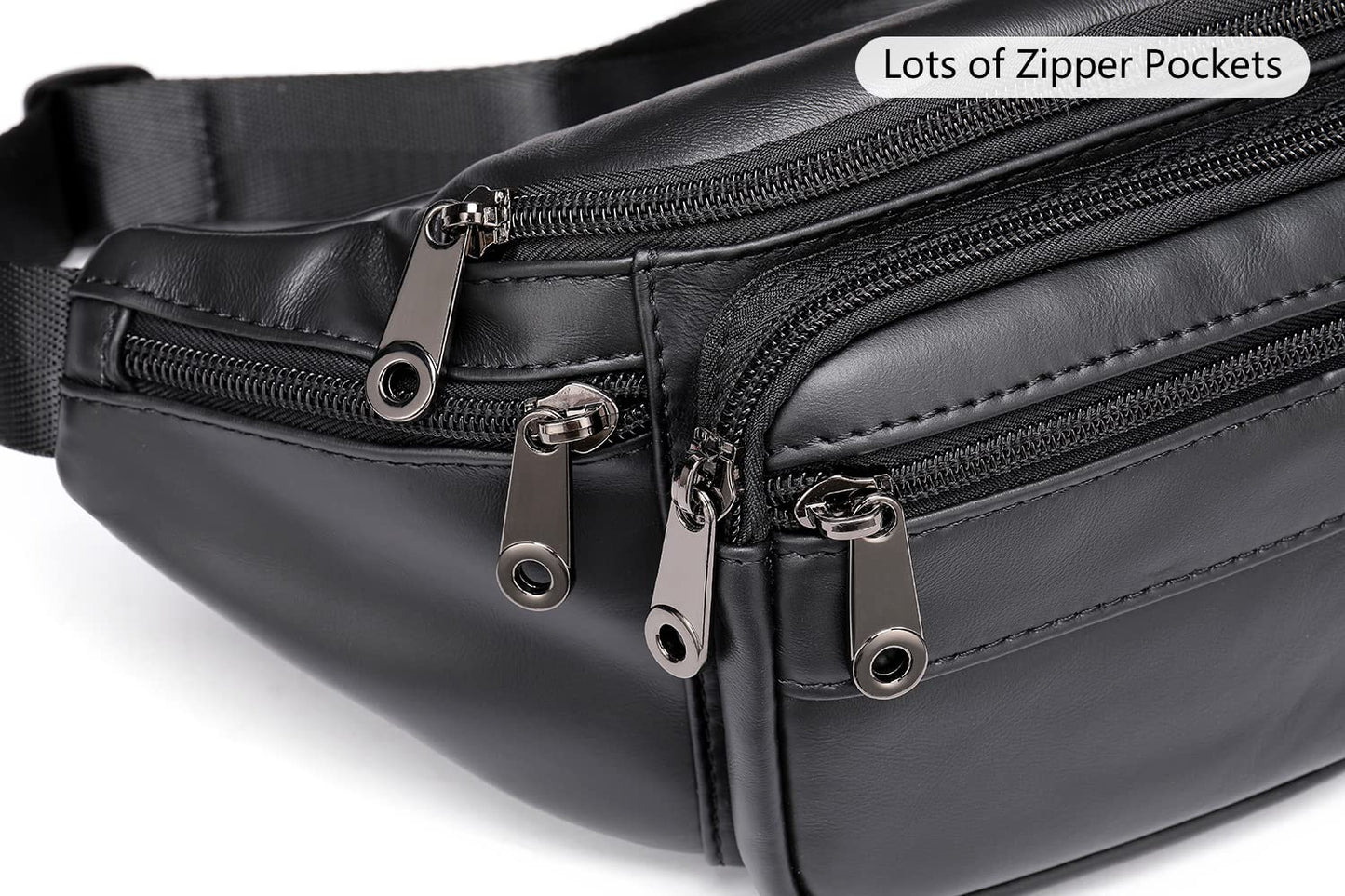 Genuine Leather Fanny Pack HandMade Durable cowhide Waist Bag Lots of Anti-theft zipper pocket Black