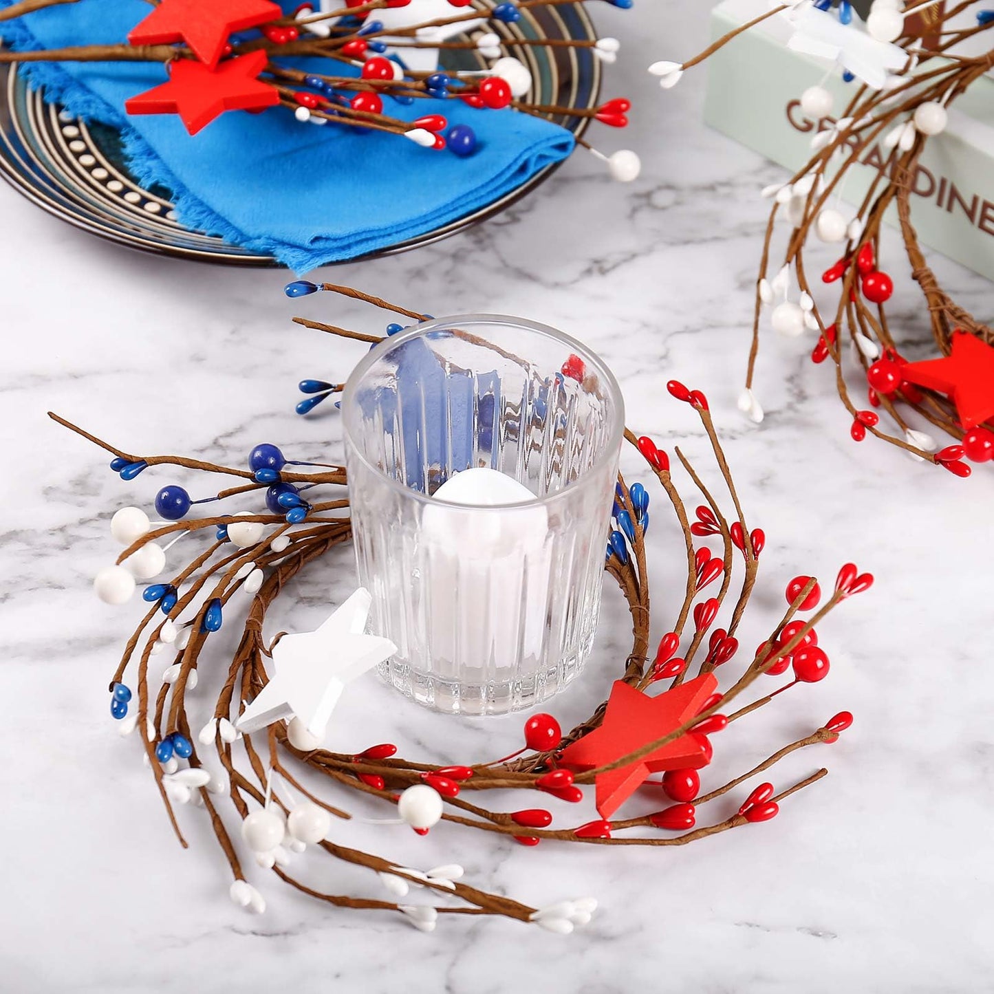 4th of July Candle Rings Set of 2-4 Inch Red White Blue Patriotic Star Candle Holders, Independence Day Table Decor Centerpiece with Stars, USA Flag Theme for Memorial Day Veterans Day