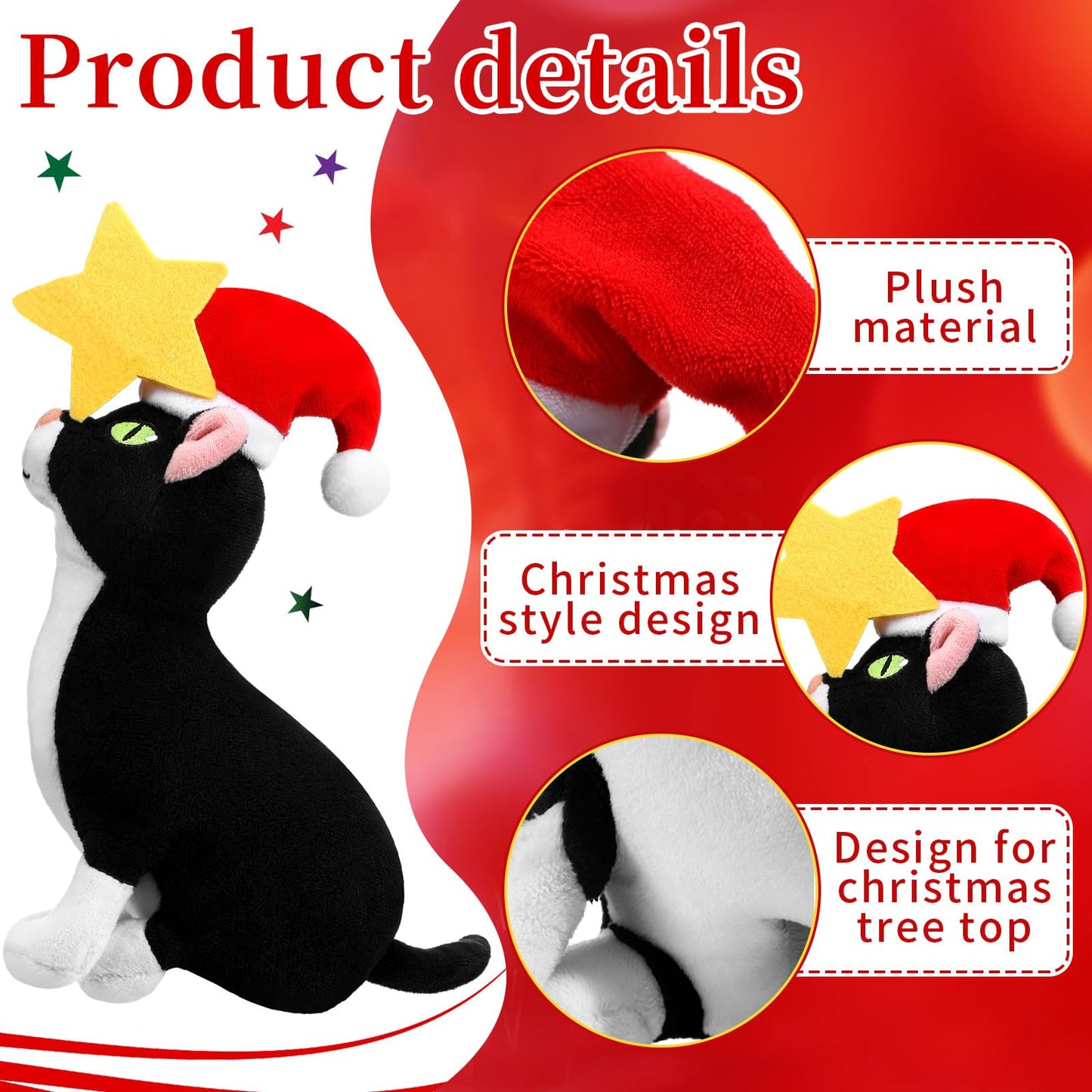 Shappy Christmas Tree Topper Decoration Black Cat Christmas Tree Topper with Star Plush Stuffed Christmas Tree Ornament Cat with Santa Hat Xmas Decoration for Cat Lovers Gift Ideas