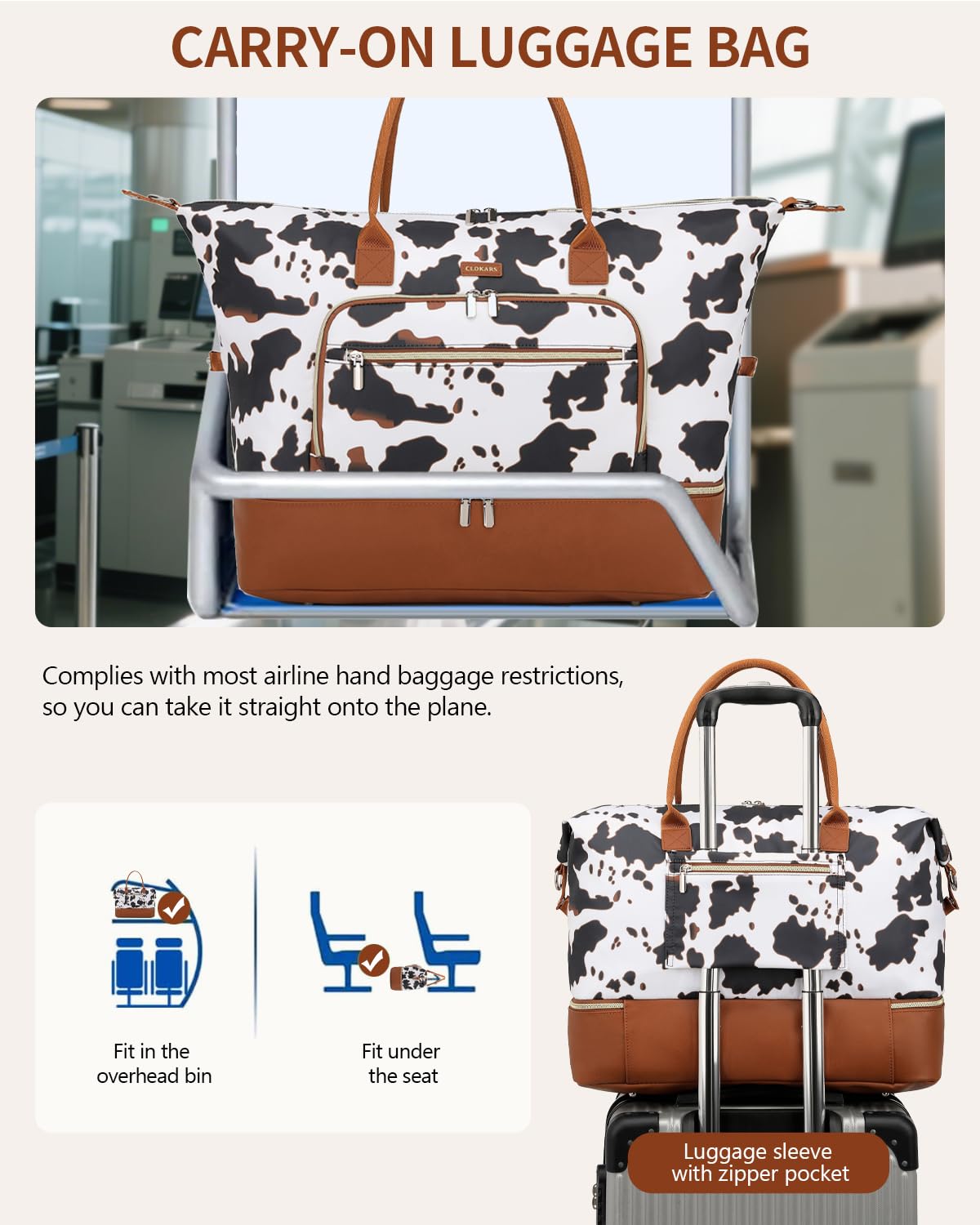 CLOKARS Weekender Bags for Women, Travel Duffle Bag Carry On Overnight Bag with Cosmetics Bag and Crossbody Purse for Gym Hospital, Gifts for Women, Cow Print Brown
