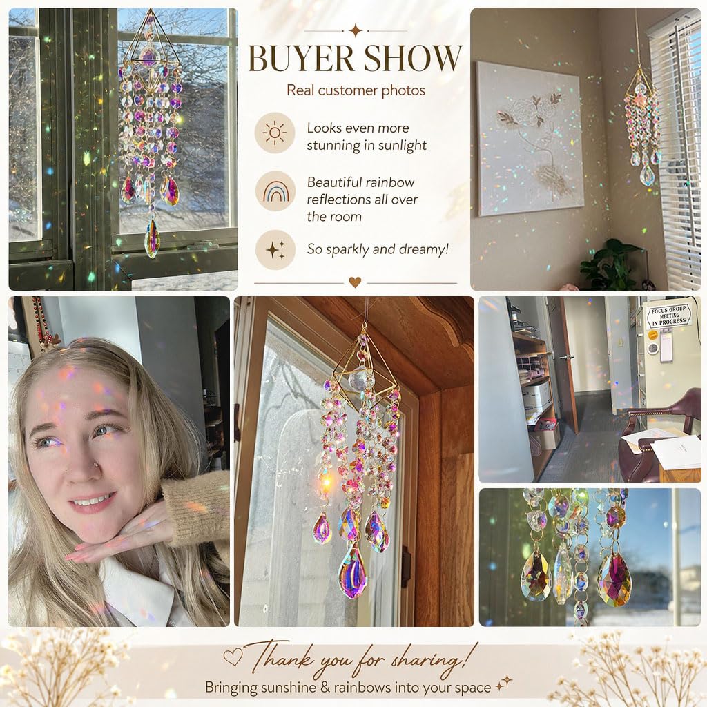 HDCRYSTALGIFTS Crystal Suncatchers for Window Hanging Glass Wind Chime Style Garden Sun Catchers with Crystals Prisms Rainbow Maker Indoor Outdoor Decor Handmade Gold Plated