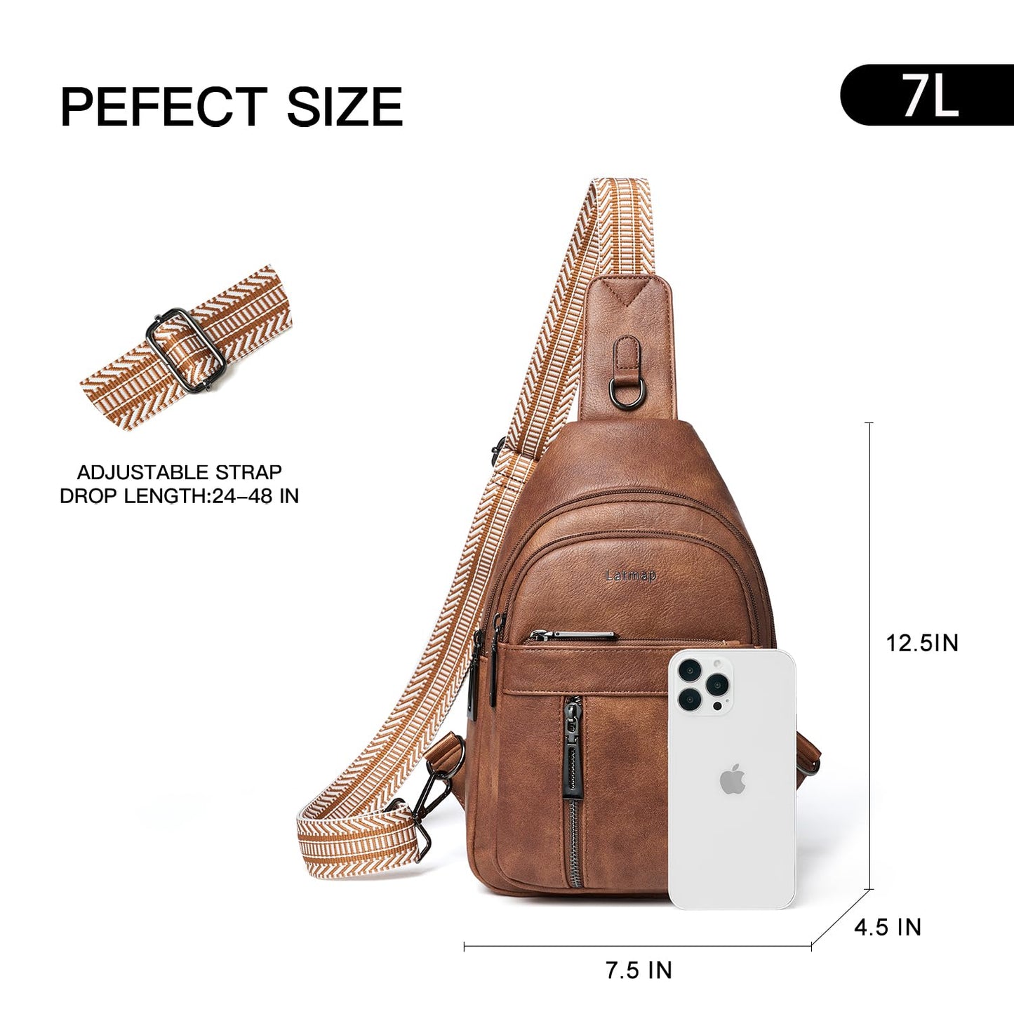 LATMAP 7L Sling Bag For Women Men Backpack Fanny Pack Crossbody Chest Travel Shoulder Belt Bags Purse Handbag PU Leather Brown