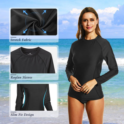 HODOSPORTS Women’s Swim Shirts UPF 50+ Rash Guard Long Sleeve Swimsuit Tops Quick Dry UV Sun Protection Black M