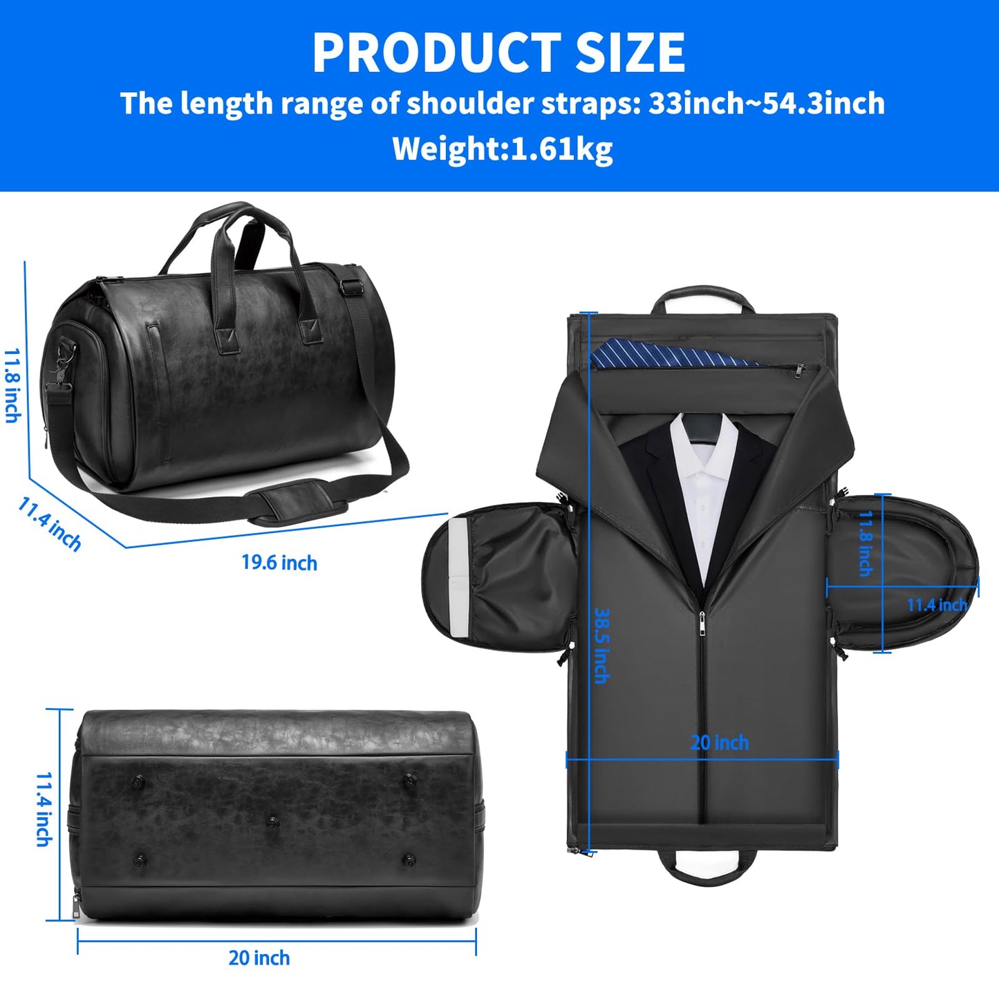 Leather Garment Bag，Convertible Garment Duffel Bag for Travel Mens Suit Bag 2 in 1 Waterproof Foldable Carry on Garment Bag with Shoulder Strap Weekender Bag with Shoe Pouch