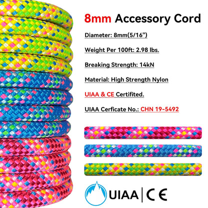 BlazeBeam 8mm Accessory Cord 30M (100ft) UIAA Rock Climbing Rope 14Kn High Tensile Strength Rock Climbing Accessories Cord Double Braid Nylon Cord for Mountain Tree Climbing, Canyoneering,Fire Rescue