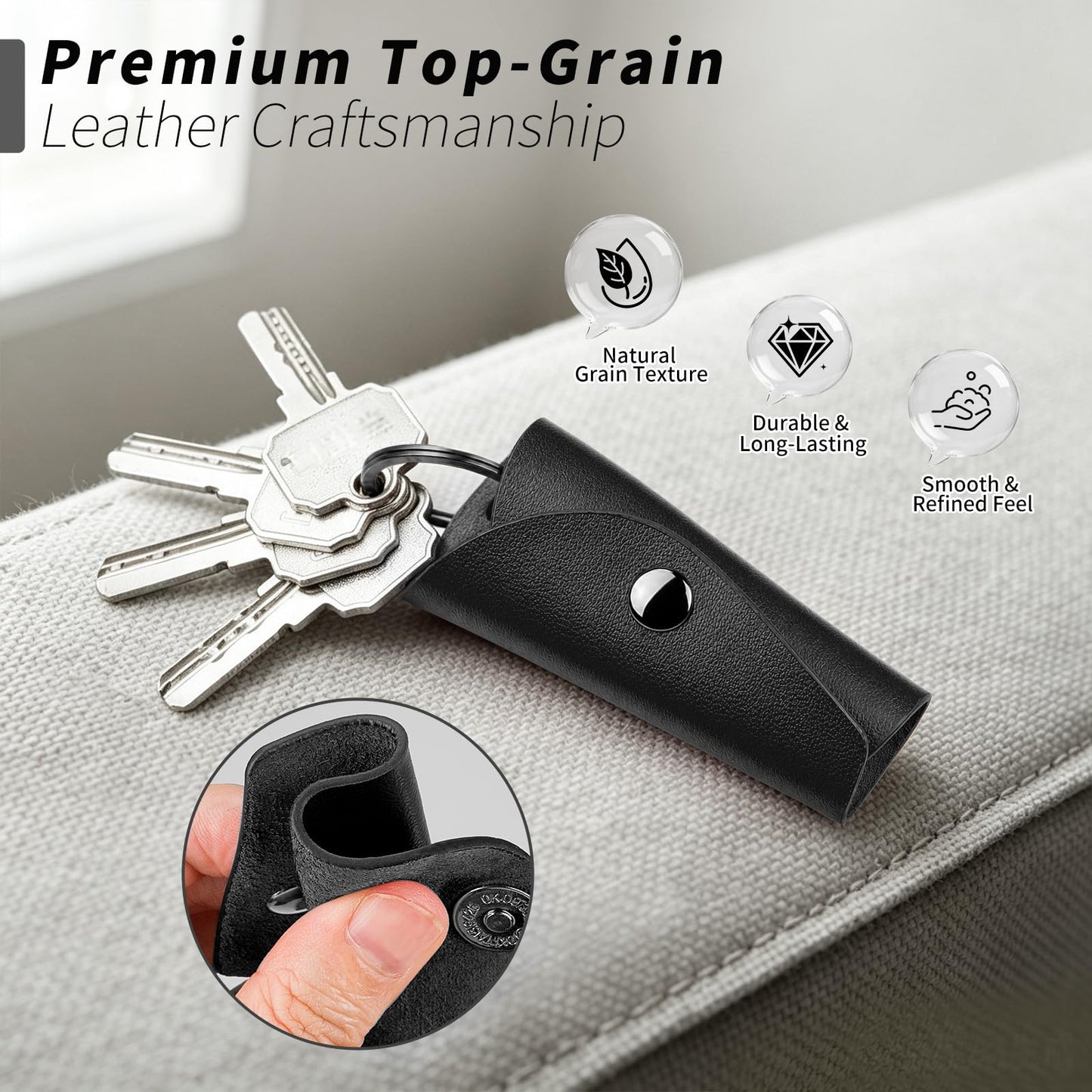 T-carbon Top Grain Leather Key Wrap for House Keys, Compact Key Holder Case Fits 2-5 Keys, Silent Rattle-Free Design,Portable Keychain