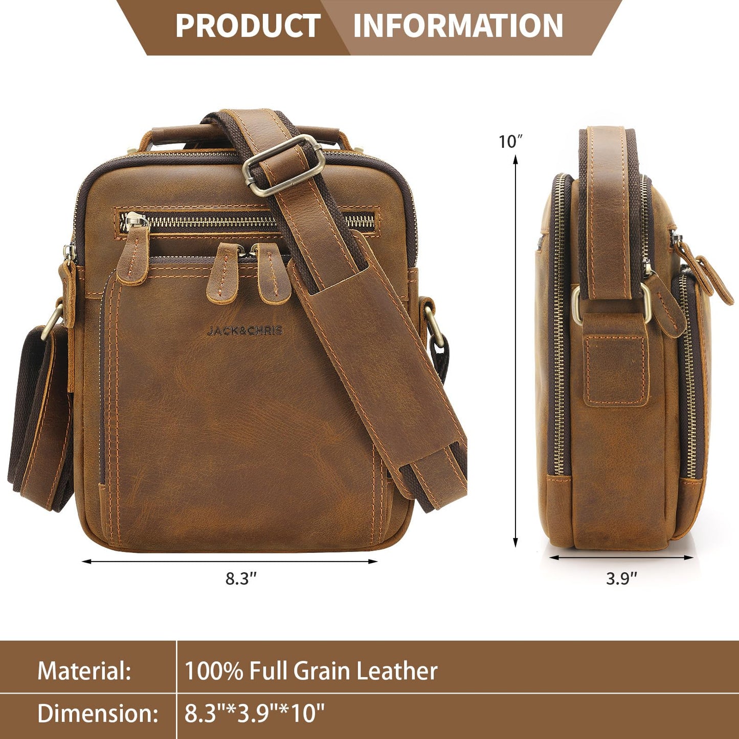 Jack&Chris Leather Messenger Bag for Men, Man Purse Crossbody Bags for Work Business, Brown