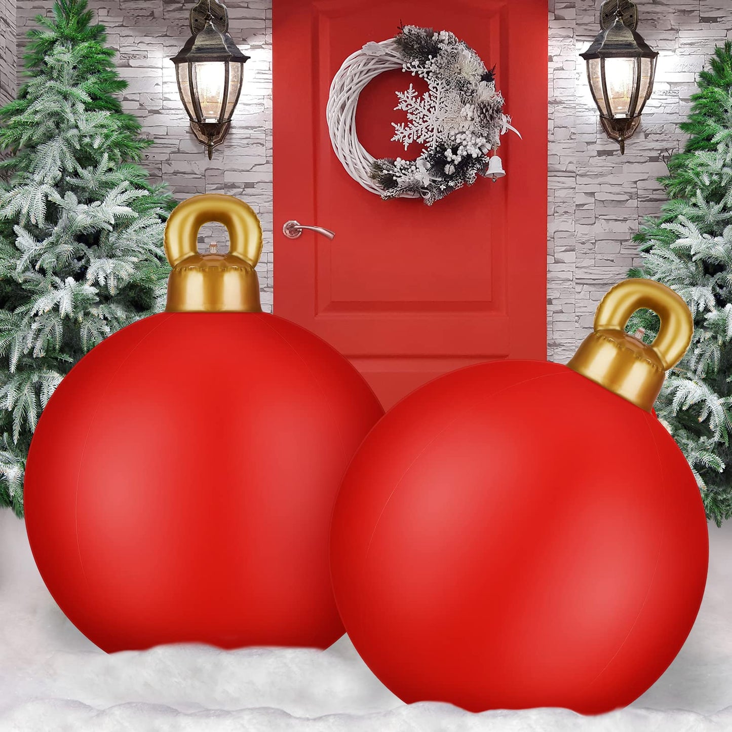 2 Pieces 32 Inch Giant PVC Inflatable Christmas Decorated Ball Ornaments Outdoor Large Xmas Blow Ball Decorations for Christmas Themed Party Ornaments(Solid,Red)