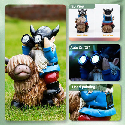 Joint Honglin Solar Garden Statues Resin Gnome Sitting on Highland Cow Outdoor Telescope Gnome Decorations Yard Ornament for Patio Lawn Balcony, Unique Housewarming Birthday Gifts for Mom Dad