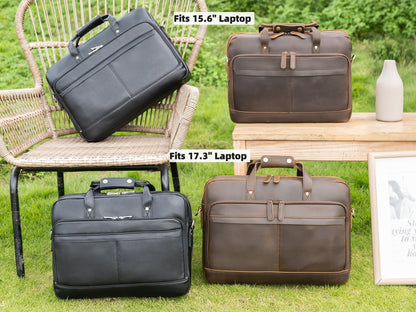 Masa Kawa Leather Briefcase for Men 17 Inch Laptop Crossbody Shoulder Messenger Office Bag Black Attache Case Handbag for Business Travel Work Lawyer Large